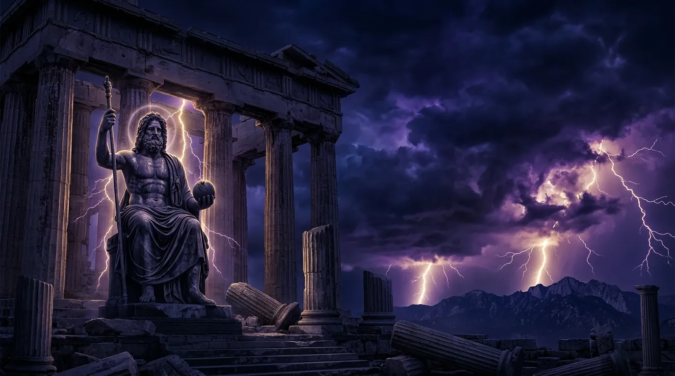 Estátua de Zeus entre colunas em ruínas sob um céu de tempestade cortado por raios