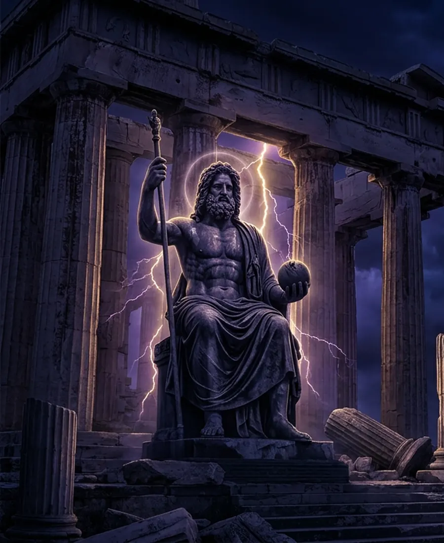 Estátua de Zeus e colunas em ruínas sob um céu de tempestade
