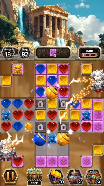 Jewel Legends Of Olympus: tabuleiro de joias diante de um templo grego