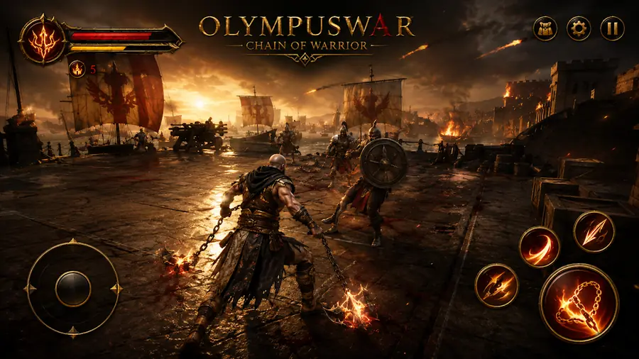 OLYMPUSWAR: guerreiro em combate num cenário em chamas