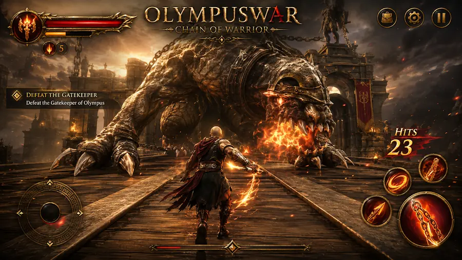 OLYMPUSWAR: guerreiro diante de uma criatura gigante